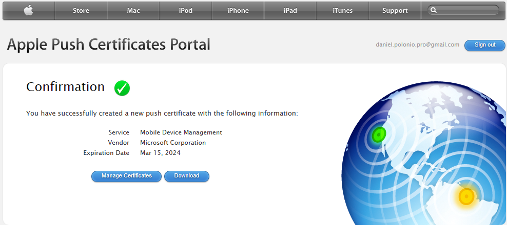Téléchargement du certificat Push MDM Apple