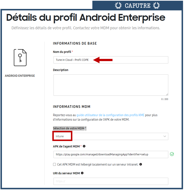 Sélection du MDM Intune dans Knox